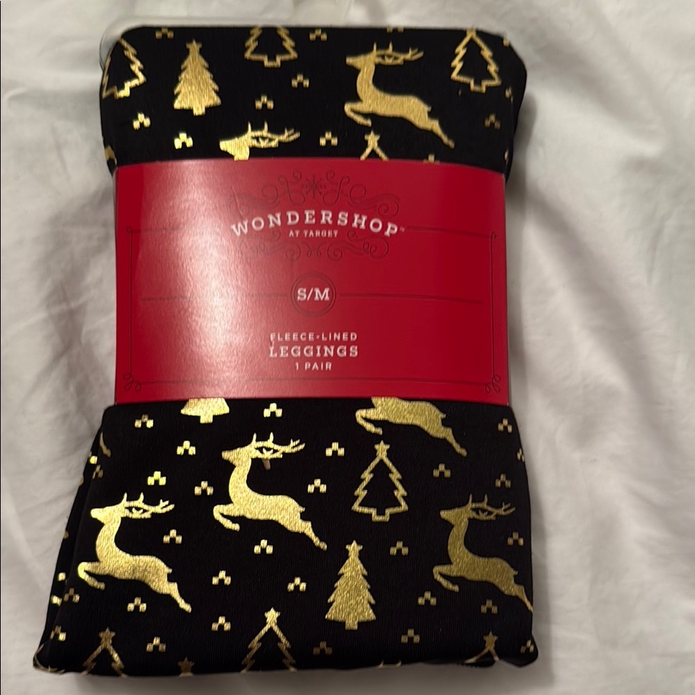 Wondershop Black Leggings with Gold Holiday Patterns, size S/M women’s